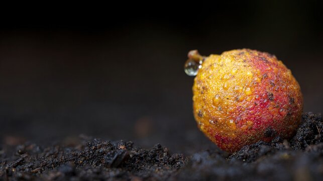 euclid. A rotting fruit on damp soil with morning light and water droplets. menu design, packaging mockups, designed for culinary blogs and recipe cards for restaurants, simplifies recipe learning.