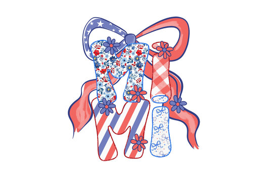 Patriotic Mimi Doodle Lettering with Bow Sublimation Design