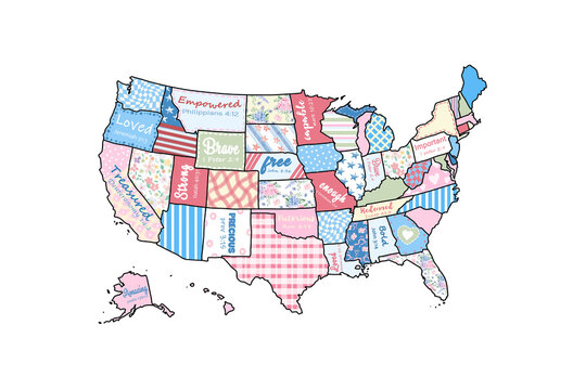 Vintage USA Map Filled with State Patterns and Flags Sublimation Design