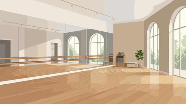 A spacious and bright dance studio with wooden floors, mirrors, and a barre, illuminated by natural light streaming through large arched windows, creating a serene atmosphere.