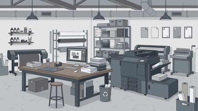A stylized illustration of a print shop interior showcasing large format printers, copiers, a computer workstation, and supplies, depicting a modern production environment.