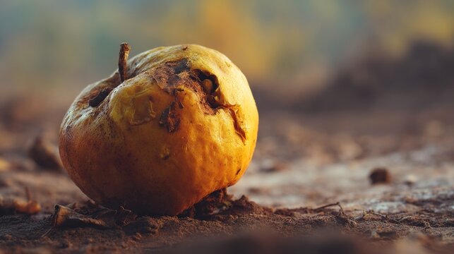 euclid. A rotting fruit on damp soil with morning light and water droplets. menu design, packaging mockups, designed for culinary blogs and recipe cards for restaurants, simplifies recipe learning.
