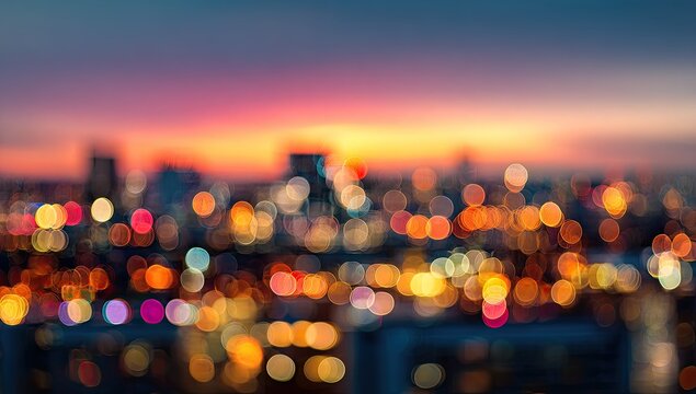 Blurred cityscape at twilight with colorful bokeh lights and a vibrant sunset sky