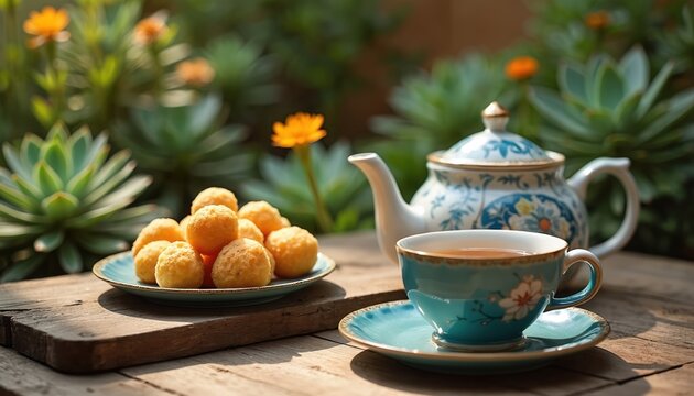 Jajan pasar snacks cireng and combro with jasmine tea served in blue ceramic cup and teapot. Food arranged on wooden table with succulents and flowers.
