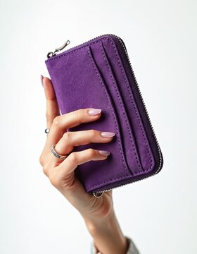 Woman holds purple suede wallet. Compact accessory features zip, card slots, and textured material. Offers stylish storage for money and cards.