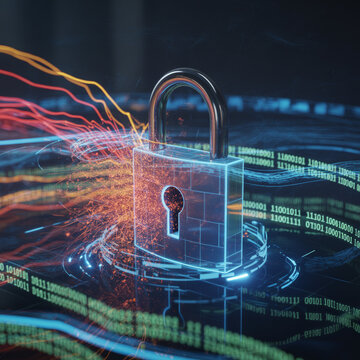Padlock integrated into a complex environment of streaming binary code highlights the importance of cloud database security.