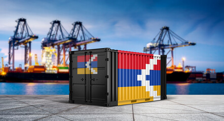 Armenia Trade: A shipping container adorned with the Armenian flag stands in a bustling port, set against a backdrop of towering cranes and cargo ships at twilight. © bao