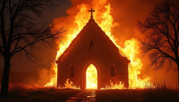 Stone church building burns fiercely at night surrounded by trees. Intense orange flames engulf roof and windows. Smoke rises into dark sky. Dramatic scene shows destruction.
