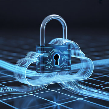 Padlock resting on a digital cloud symbolizes the protection of remote storage and encrypted data services.