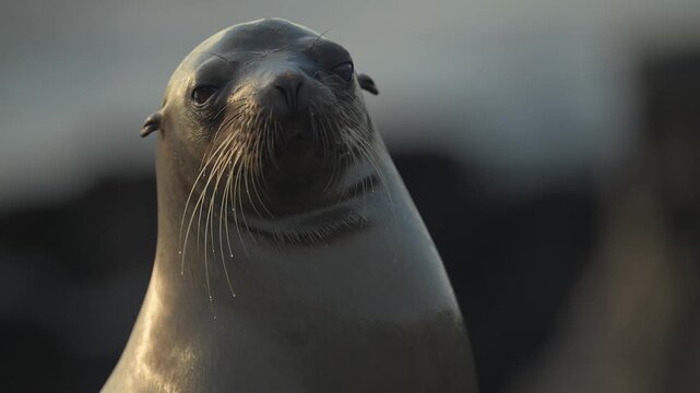 Galapagos sea lions lounging on volcanic rock coastline