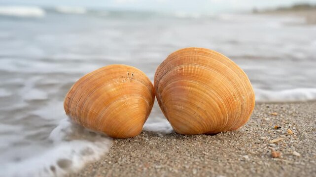 A pair of orange clam shells with smooth curved surfaces and soft natural texture, clean simple composition, ultra-realistic, no logos.