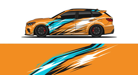 Obraz premium Vibrant wrapped sports car side view with dynamic blue and orange streaks.