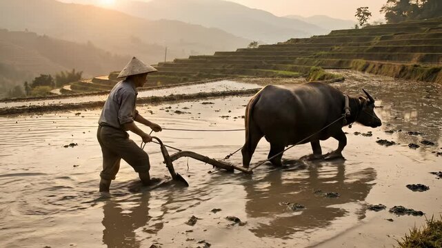 Traditional Asian Farmer Plowing Terraced Rice Field with Water Buffalo at Golden Hour