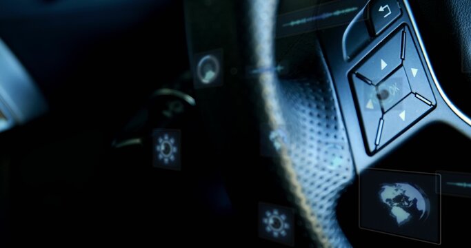 Focusing right steering wheel rim inside car with perforated-leather and control-pad, HUD icons