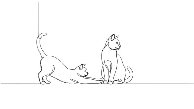 Line art cats playing together with a ball and gentle paw movements on a clean white background featuring kitten, pet, playtime with playful and