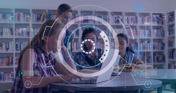 Leaning three students collaborating around laptop in library study area, with HUD overlay