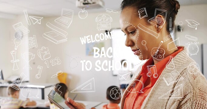 Holding tablet teacher wearing coral top teaching in class with WELCOME BACK TO SCHOOL overlay