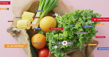 Displaying burlap sack spilling corn scallions citrus tomato lettuce on pale pink table, UI badges © vectorfusionart