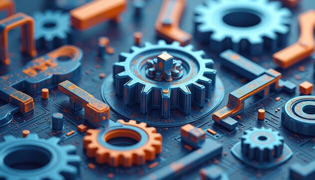 Abstract concept with blue and orange interlocking gears and mechanical components. Represents engineering, tech, and complex systems. Shows precision and innovation in industry.
