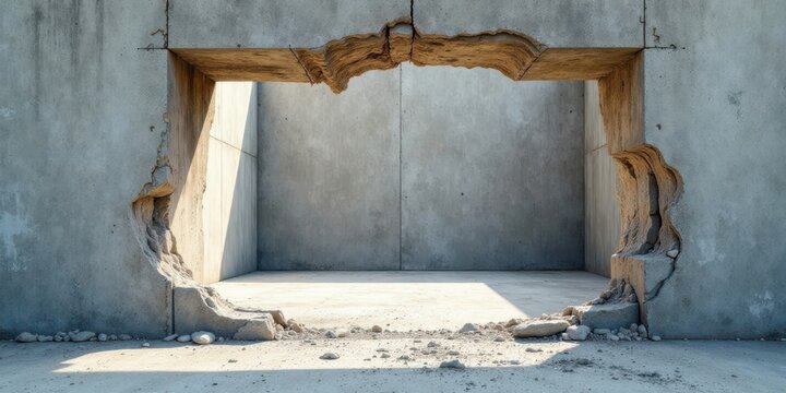 A gaping hole reveals a sunlit interior within a weathered concrete structure, suggesting both destruction and potential