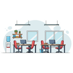 Fototapeta premium Office workspace showing empty desks and chairs in open plan. non editable strokes