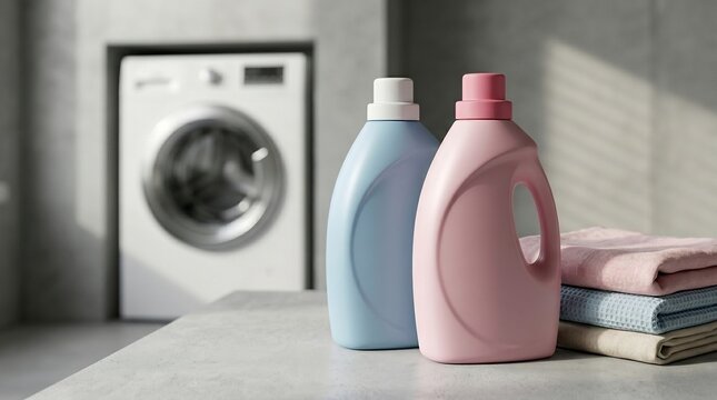 Laundry detergent bottles and folded towels near washing machine