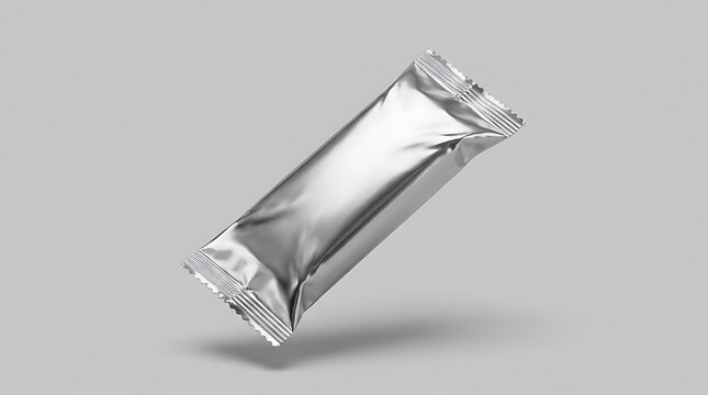 Realistic silver foil flow wrap packaging mockup for snack bars and confectionery branding design top view high quality 3d rendering of foil pack