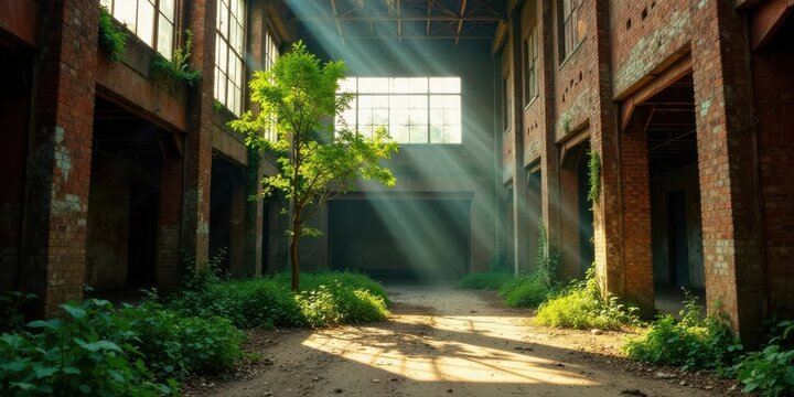 Sunbeams illuminate a resilient sapling thriving amidst the decaying brick walls of an abandoned industrial building, a testament to nature's persistent reclamation of forgotten spaces.