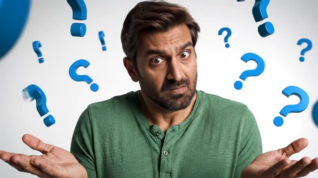 Man with question marks around his head for commercial backgrounds, digital design, and advertising