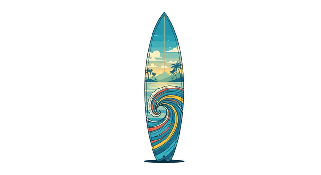 Surfboard with colorful wave design.