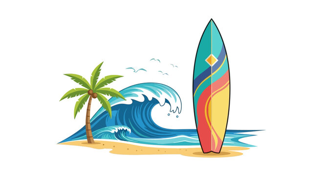 Surfboard standing on sandy beach shore.