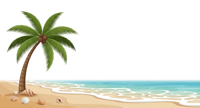 Palm tree on sandy beach shore.