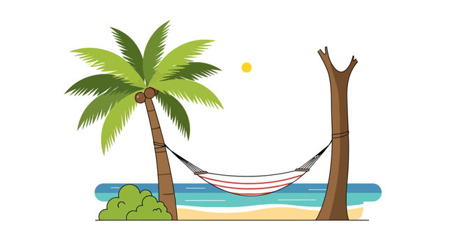 Hammock between two tree trunks beach.