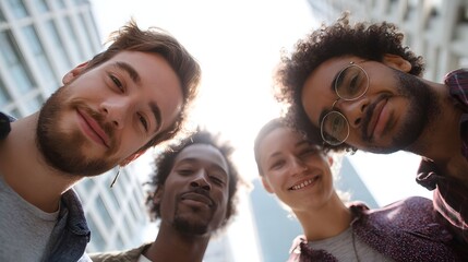 Obraz premium A diverse group of young adults sharing smiles and positive energy under bright sunlight in an urban setting