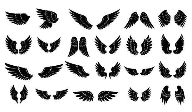 Black wings silhouette icons set angel and bird wings vector illustration