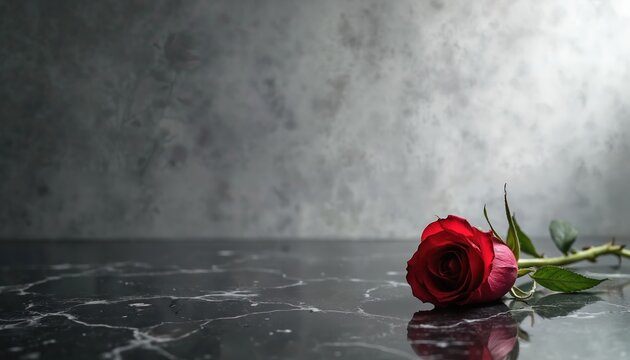 Single red rose lies on dark marble surface. Symbol of love loss grief remembrance. Minimalist background for sympathy cards memorial tributes.