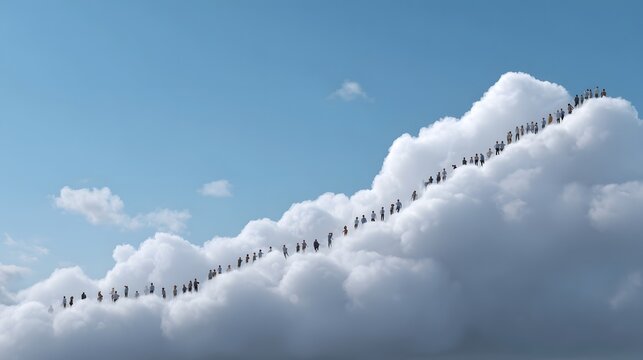 A diverse group of people climbs a massive upward rising cloud path in a bright blue sky symbolizing collective progress and aspi n