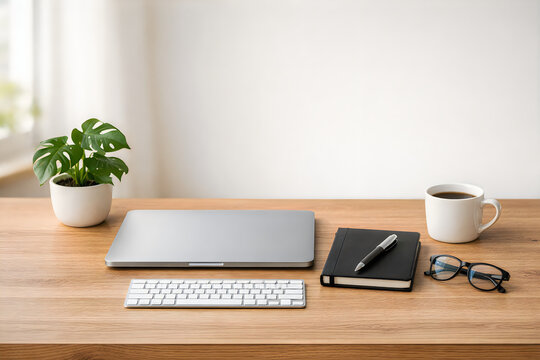 Wooden desk with closed laptop, black notebook, pen, eyeglasses, coffee mug and green plant, natural light from window, home office setup, comfortable and functional workspace for work or study.