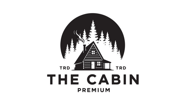 Cabin premium logo featuring a mountain forest scene with a silhouetted house and vintage TRD typography