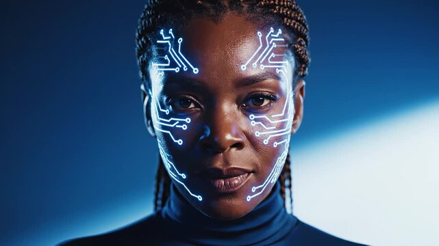 Woman with glowing circuit design on face for commercial backgrounds, digital design, and advertising