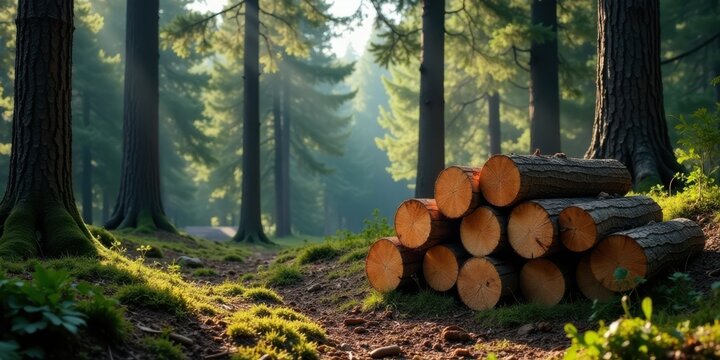 Serene woodland path with a stack of neatly arranged timber logs resting at the edge of a sun-dappled forest trail