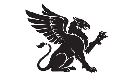 Fototapeta premium Dragon emblem logo with sharp wings and fierce clawed pose in bold black silhouette style on white background