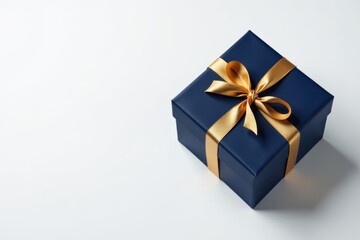 Fototapeta premium A Luxurious Navy Blue Gift Box with a Golden Ribbon Bow on a White Background