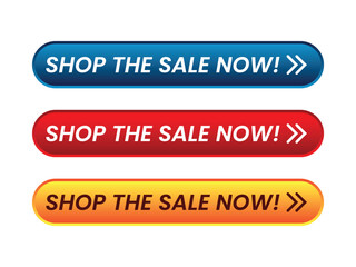 Fototapeta premium Modern shop the sale now call to action button set with arrow icon in blue, red and orange colors for web and apps
