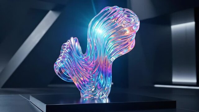 An abstract light-emitting glass form with holographic neon gradients and wave texture, luminous futuristic elegance for a striking modern backdrop, ultra-realistic, no logos.