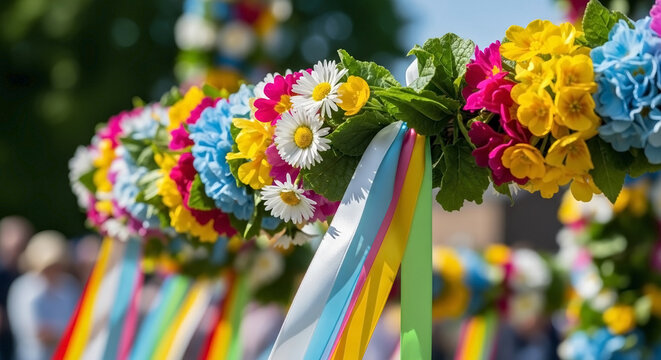 Colorful maypole decorated with vibrant flower garlands and ribbons in celebration of May Day, showcasing bright blooms and festive atmosphere.