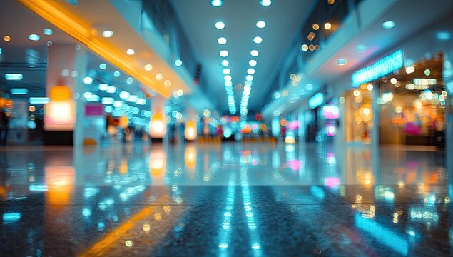 Blurred vibrant shopping mall interior with colorful lights reflecting on shiny floor