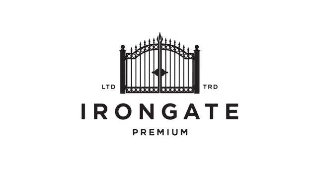 Iron gate premium emblem with ornate fence silhouette and decorative spear tips for luxury property branding design