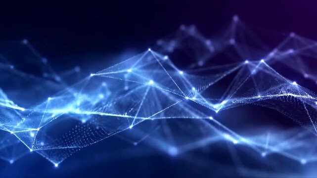 Dynamic Cyberspace Visualization Depicting Glowing Data Points Interconnected Through Animated Mesh Structures