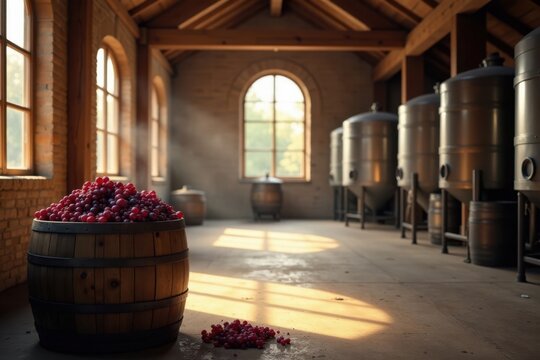Sunlit Winery Interior with Wooden Barrel of Grapes